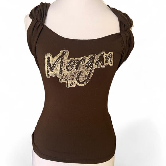 Morgan de Toi Paris Y2K Brown Rhinestone Logo Stretch Top Size XS France - Picture 1 of 8